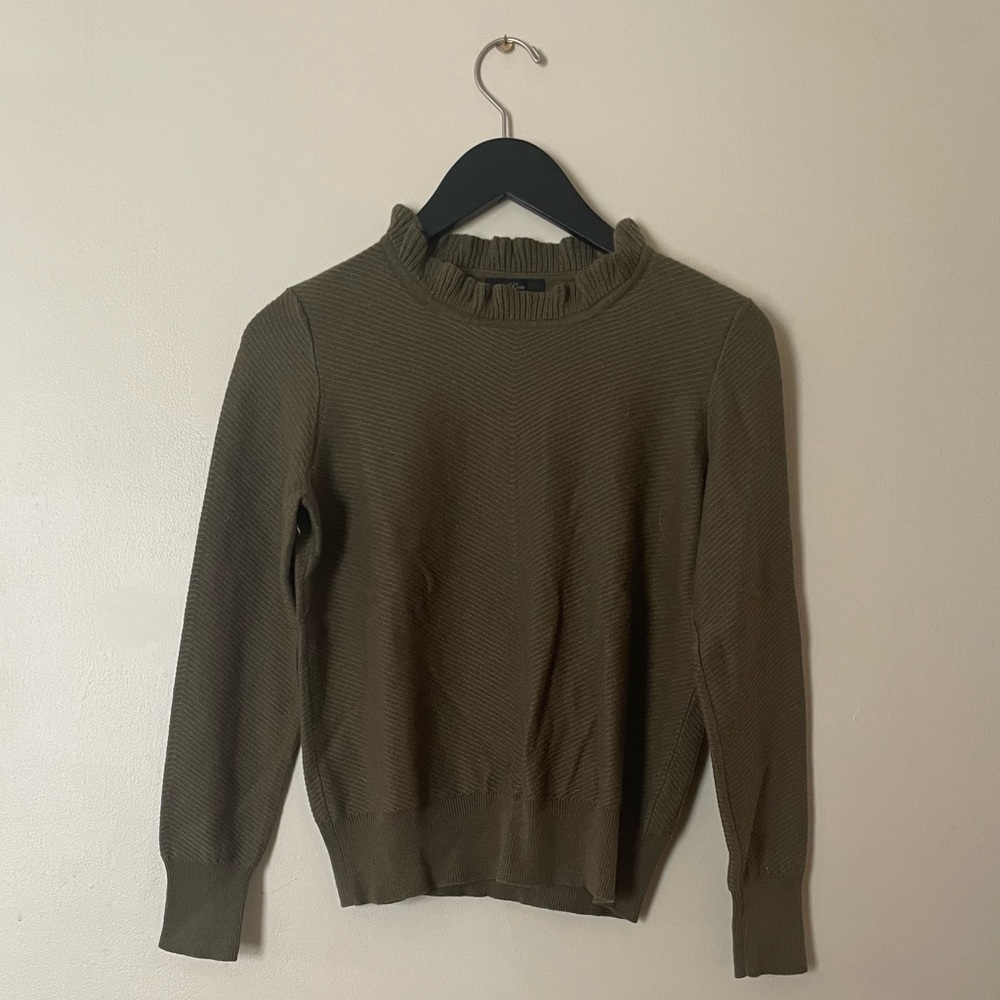 J. Crew Olive Green Ruffle Neck Sweater
